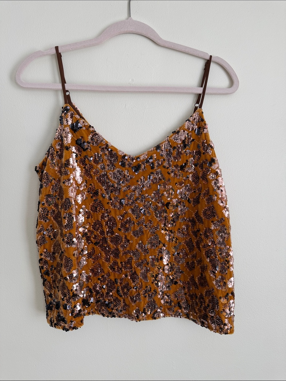 Ro & De Sequined Cami in Mustard with Brown Straps